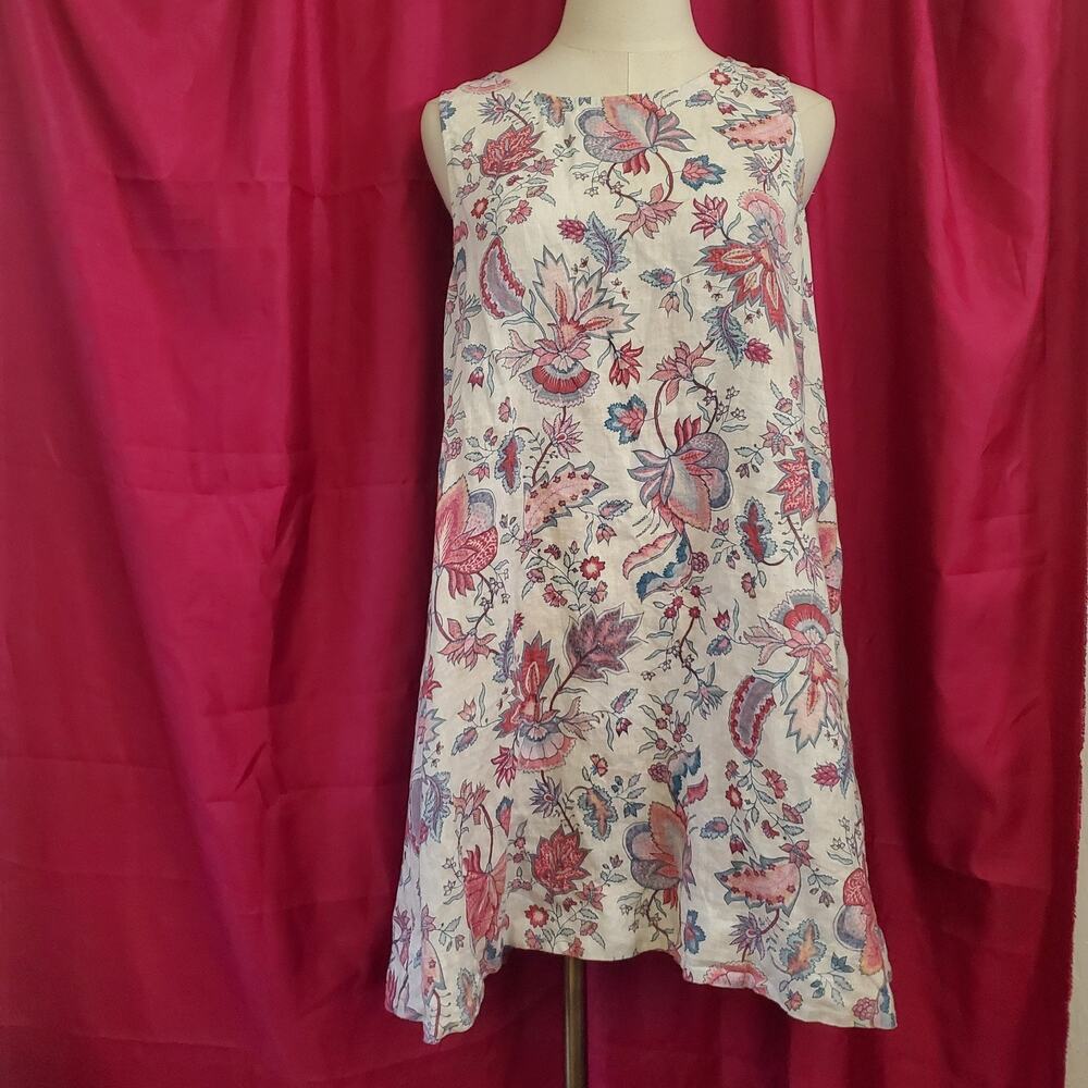 Rachel Zoe Linen Dress Medium M Chintz Floral Trapeze Shift Sleeveless Natural